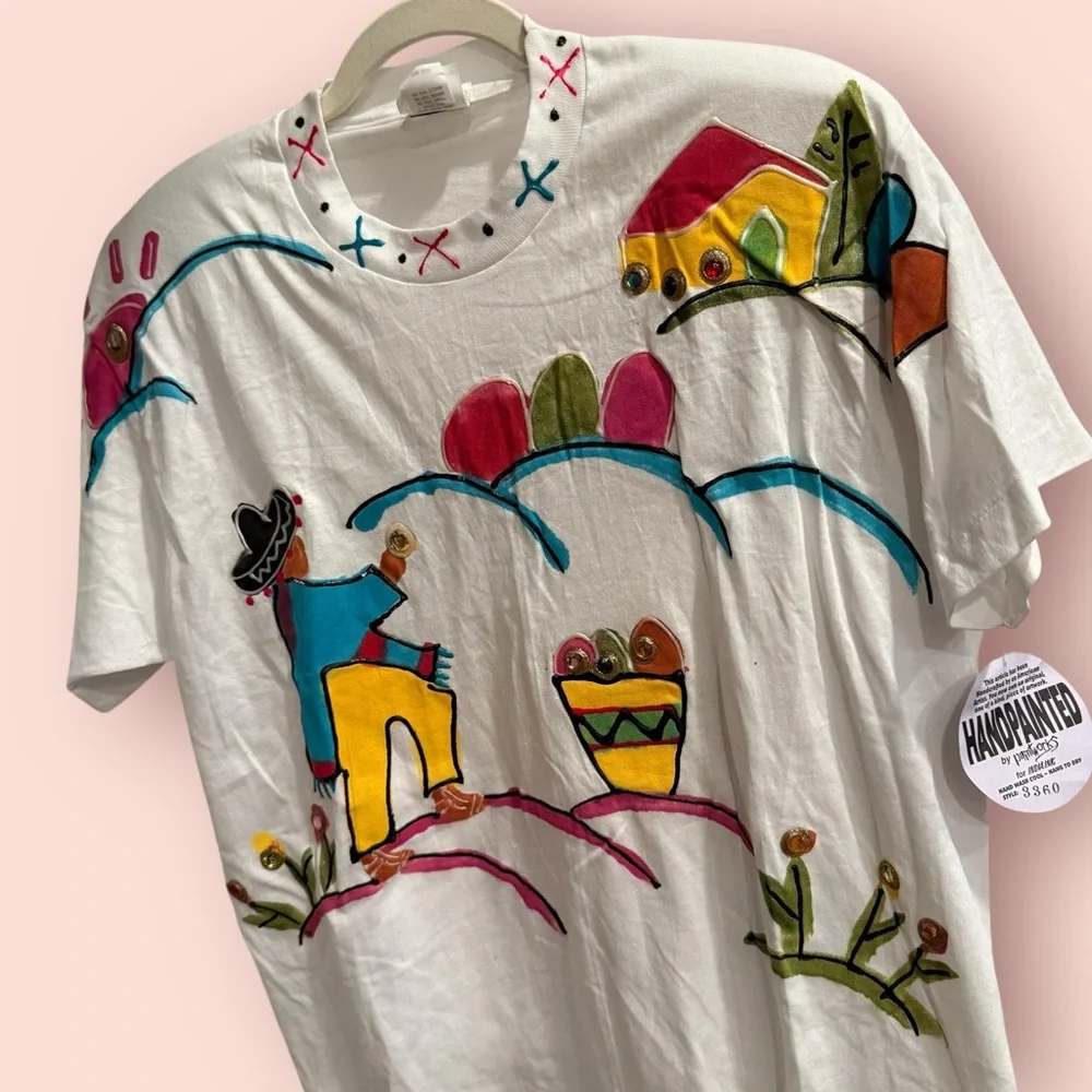 NWT Deadstock Vintage Hand Painted Graphic Tee | Indie Art Whimsical Scene - Picture 2 of 5